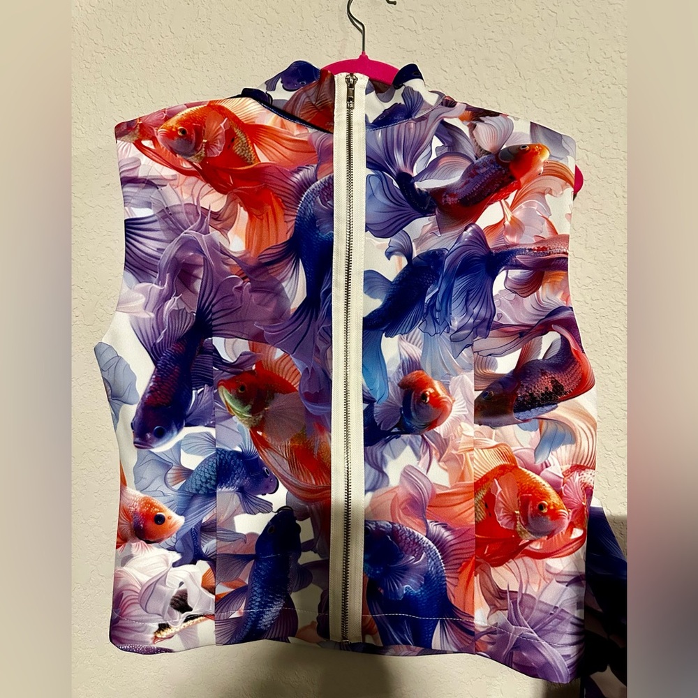 Sleeveless Fish-Print Blouse in Multicolor - Picture 3 of 4